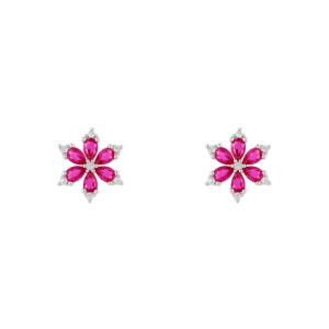 Pendientes plata Veda con diseño de flor y circonitas rojas en plata de ley 925