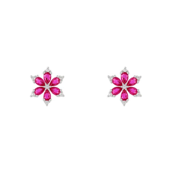 Pendientes plata Veda con diseño de flor y circonitas rojas en plata de ley 925
