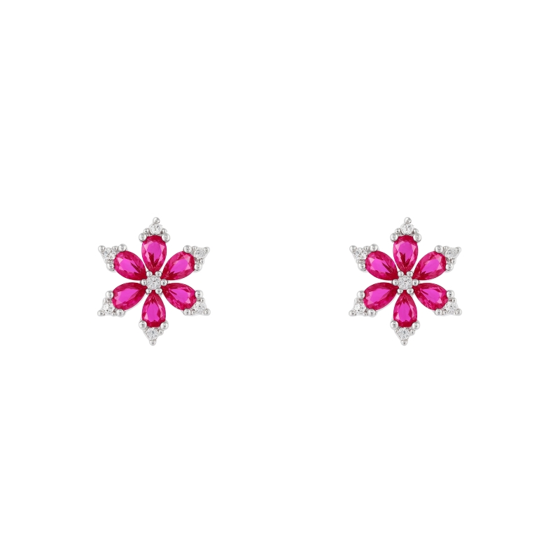 Pendientes plata Veda con diseño de flor y circonitas rojas en plata de ley 925