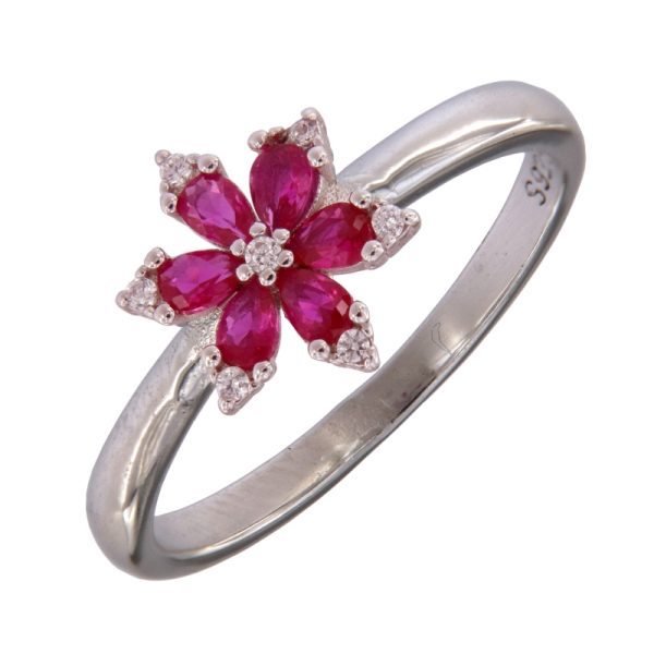 Anillo flor plata Veda con circonitas rojas en plata de ley 925